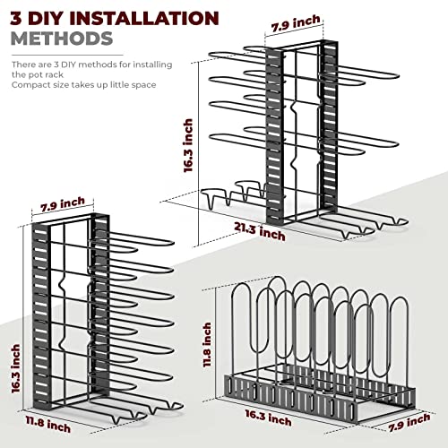 Vdomus Pot Rack Organizer with 3 DIY Methods, Black Metal Kitchen 8+ Pots Holder, Height and Position are Adjustable Cabinet Pantry Pot Lid Holder (Upgraded)