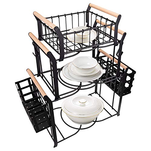 Suwimut 3 Tier Buffet Caddy, 10 Pieces Stackable Plate Napkin Silverware Holder Utensils Organizer with 5 Mugs Hooks for Kitchen, Dining Table, Entertaining, Party, Picnic, Black