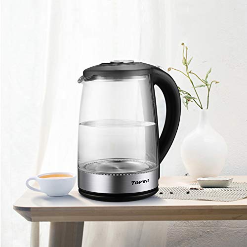 TOPWIT Electric Kettle Glass Hot Water Kettle, 2.0L Water Warmer, BPA-Free Stainless Steel Lid & Bottom, Tea Kettle with Fast Heating, Auto Shut-Off & Boil Dry Protection