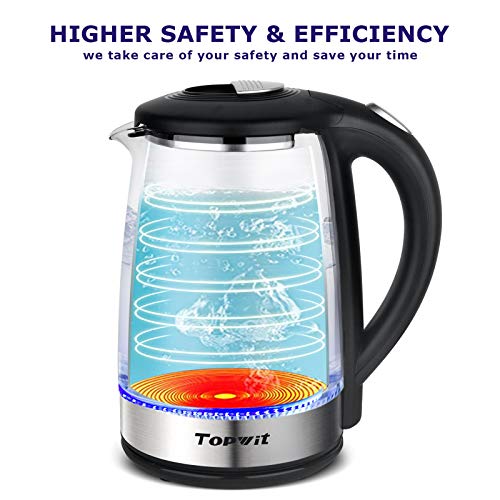 TOPWIT Electric Kettle Glass Hot Water Kettle, 2.0L Water Warmer, BPA-Free Stainless Steel Lid & Bottom, Tea Kettle with Fast Heating, Auto Shut-Off & Boil Dry Protection