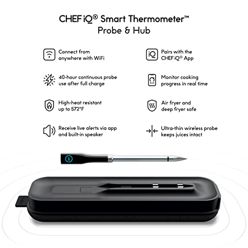 Chef iQ Smart Wireless Meat Thermometer, Unlimited Range, Bluetooth & WiFi Enabled, Digital Cooking Thermometer with Ultra-Thin Probe for Remote Monitoring of BBQ, Oven, Smoker, Air Fryer, Stove