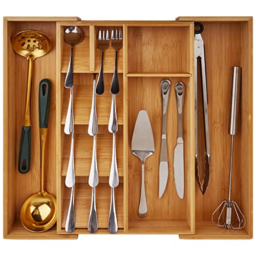 Adethkoro Bamboo Expandable Silverware Organizer and Utensil Organizer, Drawer Organizer Kitchen Utensil, flatware organizer and Cutlery Tray for drawer, for Spoons, Forks, Knives in Kitchen