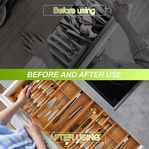 Adethkoro Bamboo Expandable Silverware Organizer and Utensil Organizer, Drawer Organizer Kitchen Utensil, flatware organizer and Cutlery Tray for drawer, for Spoons, Forks, Knives in Kitchen