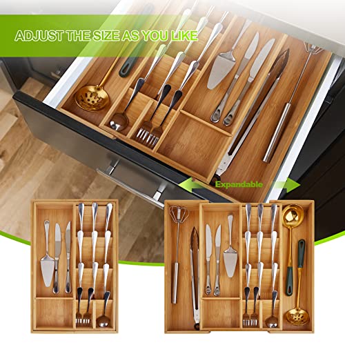 Adethkoro Bamboo Expandable Silverware Organizer and Utensil Organizer, Drawer Organizer Kitchen Utensil, flatware organizer and Cutlery Tray for drawer, for Spoons, Forks, Knives in Kitchen