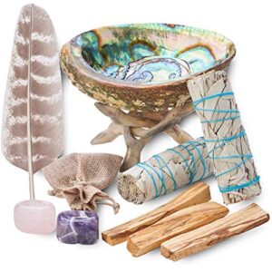 home cleansing & smudging kit with white sage, palo santo, abalone & stand, smudge feather & guide – smudge kit with sage smudge sticks