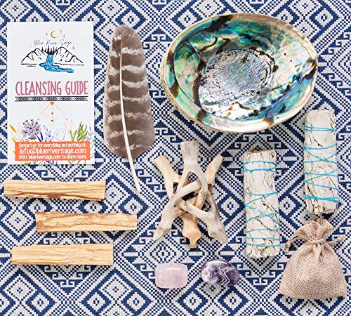 Home Cleansing & Smudging Kit with White Sage, Palo Santo, Abalone & Stand, Smudge Feather & Guide - Smudge Kit with Sage Smudge Sticks