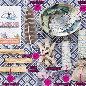 Home Cleansing & Smudging Kit with White Sage, Palo Santo, Abalone & Stand, Smudge Feather & Guide - Smudge Kit with Sage Smudge Sticks