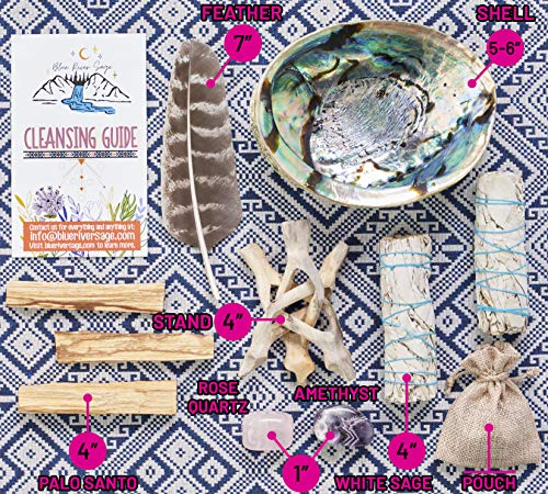 Home Cleansing & Smudging Kit with White Sage, Palo Santo, Abalone & Stand, Smudge Feather & Guide - Smudge Kit with Sage Smudge Sticks