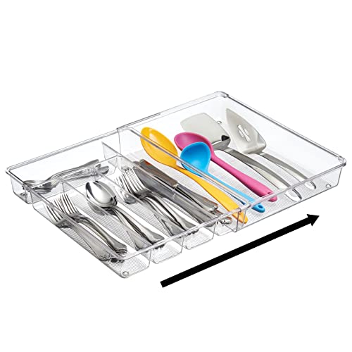 mDesign Adjustable, Expandable Plastic Kitchen Cabinet Drawer Storage Organizer Tray - for Storing Organizing Cutlery, Spoons, Cooking Utensils, Gadgets - 2" High - Clear