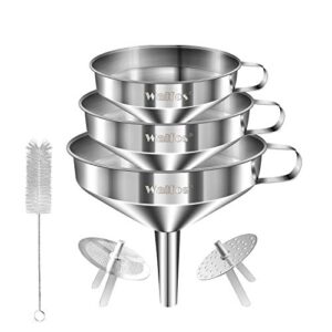 stainless steel funnel, walfos 3 pack kitchen funnel with 2 removable strainer ＆ 1pcs cleaning brush, perfect for transferring of liquid, oils, jam, dry ingredients & powder