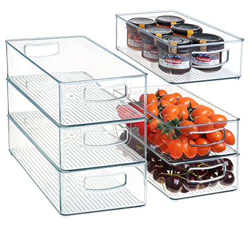 Hudgan Stackable Pantry Organizer Bins (3 Large and 3 Medium) - Clear Plastic Storage Container for Home Edit and Cabinet Organizers