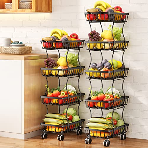 5 Tier Fruit Basket for Kitchen, Stackable Fruit and Vegetable Wire Basket with Wheels for Banana Onions and Potatoes Storage and Organization, Black