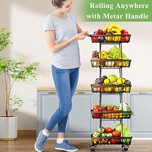 5 Tier Fruit Basket for Kitchen, Stackable Fruit and Vegetable Wire Basket with Wheels for Banana Onions and Potatoes Storage and Organization, Black