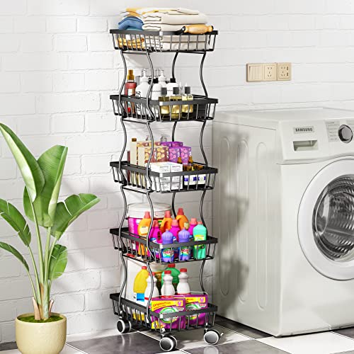 5 Tier Fruit Basket for Kitchen, Stackable Fruit and Vegetable Wire Basket with Wheels for Banana Onions and Potatoes Storage and Organization, Black