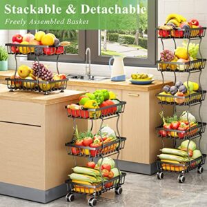 5 Tier Fruit Basket for Kitchen, Stackable Fruit and Vegetable Wire Basket with Wheels for Banana Onions and Potatoes Storage and Organization, Black