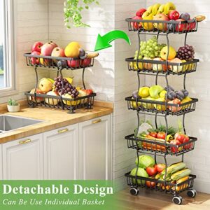 5 Tier Fruit Basket for Kitchen, Stackable Fruit and Vegetable Wire Basket with Wheels for Banana Onions and Potatoes Storage and Organization, Black