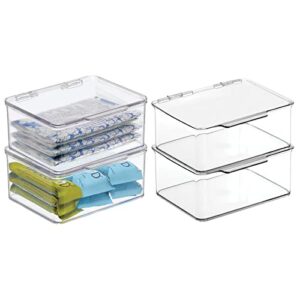 mdesign plastic kitchen pantry and fridge storage organizer box containers with hinged lid for shelves or cabinets, holds food, snacks, canned drinks, seasoning, condiments, or utensils, 4 pack, clear