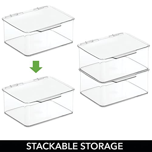 mDesign Plastic Kitchen Pantry and Fridge Storage Organizer Box Containers with Hinged Lid for Shelves or Cabinets, Holds Food, Snacks, Canned Drinks, Seasoning, Condiments, or Utensils, 4 Pack, Clear