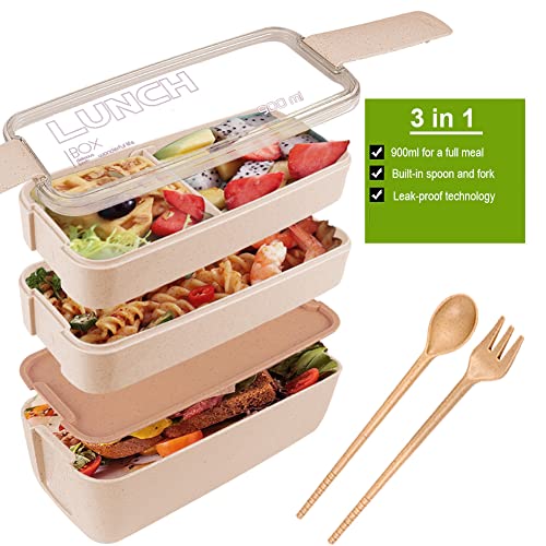 Iteryn Bento Adults Lunch Box, Stackable Bento Box, 3-In-1 Compartment - Wheat Straw, Leakproof Eco-Friendly Bento Lunch Box Meal Prep Containers