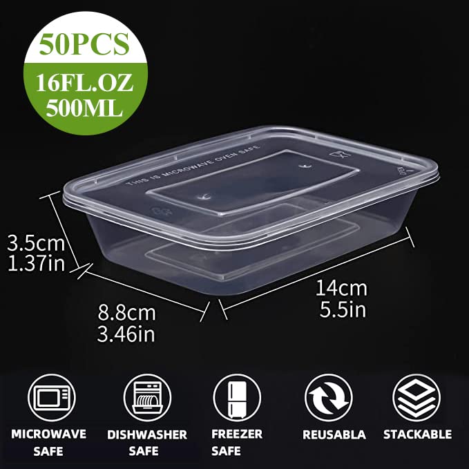 ganfaner [50pk 16 oz/500ml clear disposable food container, plastic food Storage Box with lid, organizer meal prepare for Keto Diet Salad Lunch Snack