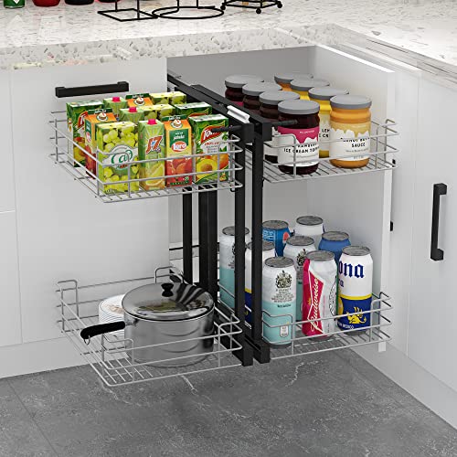 Blind Corner Cabinet Pull Out, 15in opening Soft Close Heavy Duty Kitchen Corner Cabinet Organizer, 4 chrome plated storage baskets, for cabinets Minimum size: 18.89"D*27.16"W*22.83"H