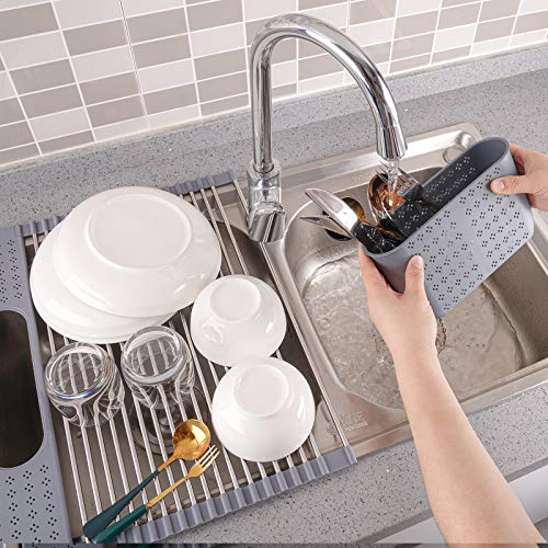 NiHome Roll Up Dish Drying Rack with Utensil Holder Over The Sink Dish Drying Rack Detachable Stainless Steel Dish Drainer,17.7" x14.7" Wide