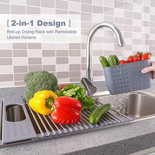 NiHome Roll Up Dish Drying Rack with Utensil Holder Over The Sink Dish Drying Rack Detachable Stainless Steel Dish Drainer,17.7" x14.7" Wide