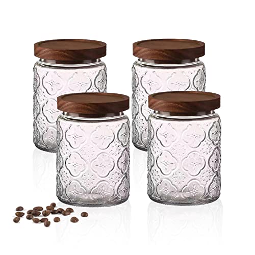 Snminetal Vintage Glass Kitchen Storage Counter Sealed Jar, Kitchen Glass Food Storage Containers, With Airtight Wood Lid for Cookies, Candy, Coffee Beans,Tea,Flour,Grains,Food Storage Containers 24oz（4PCS）