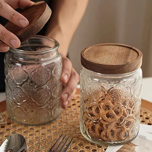 Snminetal Vintage Glass Kitchen Storage Counter Sealed Jar, Kitchen Glass Food Storage Containers, With Airtight Wood Lid for Cookies, Candy, Coffee Beans,Tea,Flour,Grains,Food Storage Containers 24oz（4PCS）