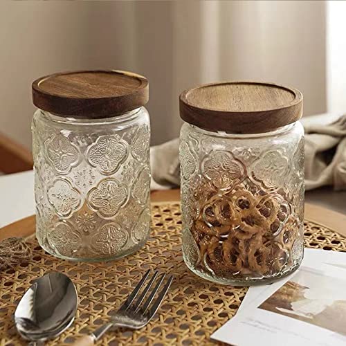 Snminetal Vintage Glass Kitchen Storage Counter Sealed Jar, Kitchen Glass Food Storage Containers, With Airtight Wood Lid for Cookies, Candy, Coffee Beans,Tea,Flour,Grains,Food Storage Containers 24oz（4PCS）