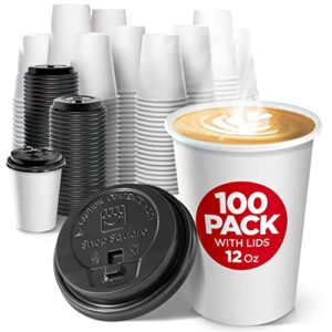 disposable coffee cups with lids 12 oz (100 pack) – to go coffee cups for hot & cold drinks, tea, hot chocolate, water – poly-coated for no condensation with rolled edge – coffee cup bundle