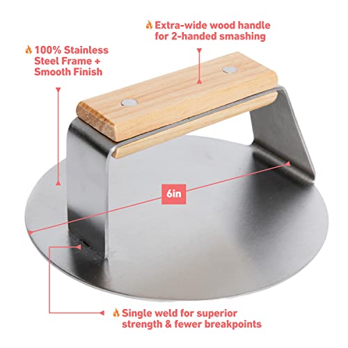 The Sasquash - 6" Heavy Duty Extra Wide Flat Handle Smashed Burger Press - Commercial Grade One-Piece Welded Stainless Steel Burger Smasher