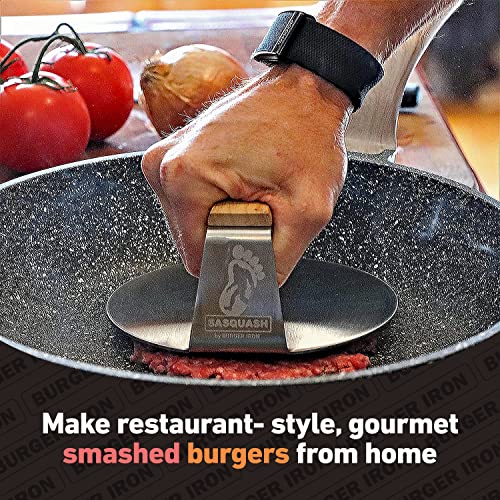 The Sasquash - 6" Heavy Duty Extra Wide Flat Handle Smashed Burger Press - Commercial Grade One-Piece Welded Stainless Steel Burger Smasher