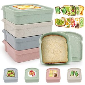 Sandwich Containers, 4pcs Sandwich Containers for Lunch Boxes with 10 Sheets Toast Graffiti Stickers, Food Storage Sandwich Box with Lid, BPA Free, Microwave & Dishwasher Safe, for Kids or Adults.