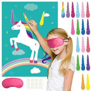 fepito pin the horn on the unicorn birthday party game with 24 horns for unicorn party supplies kids birthday girls rainbow party decoration home wall decor