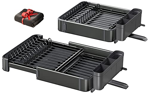 Dish Drying Rack, Aluminium Rustproof Expandable (14.9''-22.3'') Kitchen Counter Dish Rack with Drainboard, Dish Drainer with Drying Mat Utensil Holder Sink Caddy, Black