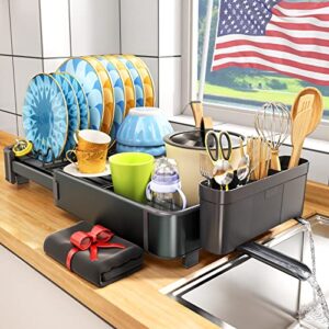 Dish Drying Rack, Aluminium Rustproof Expandable (14.9''-22.3'') Kitchen Counter Dish Rack with Drainboard, Dish Drainer with Drying Mat Utensil Holder Sink Caddy, Black