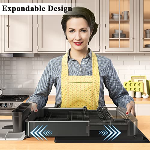 Dish Drying Rack, Aluminium Rustproof Expandable (14.9''-22.3'') Kitchen Counter Dish Rack with Drainboard, Dish Drainer with Drying Mat Utensil Holder Sink Caddy, Black