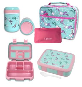 bento box with stainless steel food thermos for hot food or soup, insulated lunch bag, and ice pack set for kids girl toddlers. ages 3 to 7 pink aqua cat mermaid