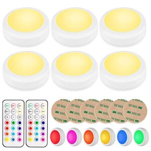 bls led puck lights with remote control, wireless under cabinet lighting, battery powered lights, stick on lights, color changing lights with dimmer and timer, aa battery operated closet light, 6 pack