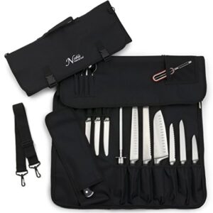 chef’s knife roll bag (14 slots) holds 10 knives plus meat cleaver, utility pocket, and 4 tasting spoons! our durable knife carrier includes shoulder strap and name card holder. (knives not included)