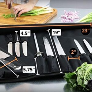 Chef’s Knife Roll Bag (14 slots) Holds 10 Knives PLUS Meat Cleaver, Utility Pocket, AND 4 Tasting Spoons! Our Durable Knife Carrier Includes Shoulder Strap and Name Card Holder. (Knives Not Included)