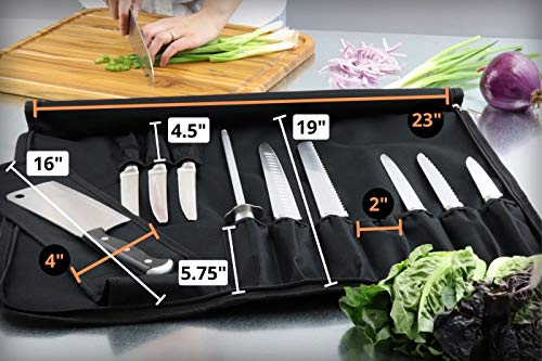 Chef’s Knife Roll Bag (14 slots) Holds 10 Knives PLUS Meat Cleaver, Utility Pocket, AND 4 Tasting Spoons! Our Durable Knife Carrier Includes Shoulder Strap and Name Card Holder. (Knives Not Included)