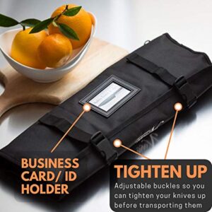 Chef’s Knife Roll Bag (14 slots) Holds 10 Knives PLUS Meat Cleaver, Utility Pocket, AND 4 Tasting Spoons! Our Durable Knife Carrier Includes Shoulder Strap and Name Card Holder. (Knives Not Included)