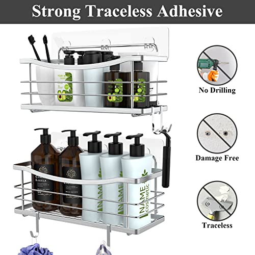 ODesign Adhesive Shower Caddy No Drilling with Soap Dish 3 Tiers Stainless Steel Shower Organizer for Shampoo Conditioner Bathroom Organizer Accessories with Removable Hooks Wall Mounted - RUSTPROOF
