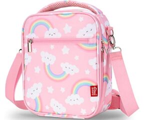 lunch box for kids girls insulated lunch bag with shoulder strap and pocket pink cute lunch cooler thermal meal lunch tote bag for school travel outdoor, rainbow lunchbox, practical gif