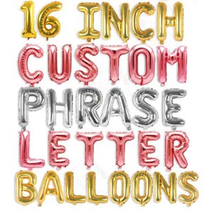 letter balloons – custom phrase 16″ inch alphabet letters & numbers foil mylar balloon | create your own balloon banner | customized / personalized phrase with mini blow up gold letter balloons