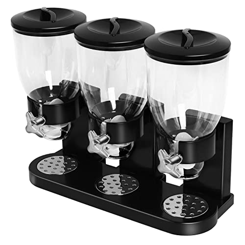 Hedday Triple Canister Cereal Dispenser, Plastic Dry Food Cereal Dispenser Container Machine Storage Bottles for Home and Kitchen(Black)