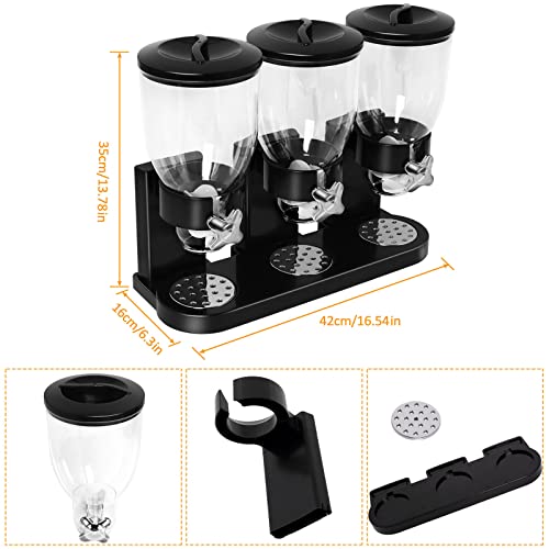 Hedday Triple Canister Cereal Dispenser, Plastic Dry Food Cereal Dispenser Container Machine Storage Bottles for Home and Kitchen(Black)