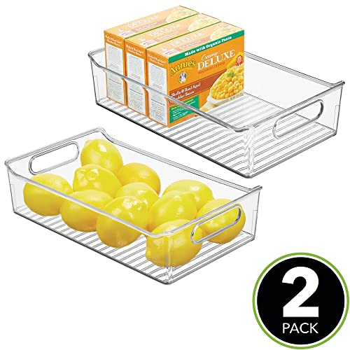 mDesign Small Plastic Kitchen Storage Container Bins with Handles -Organization in Pantry, Cabinet, Refrigerator or Freezer Shelves - Food Organizer for Fruit, Yogurt, Squeeze Pouches - 2 Pack - White